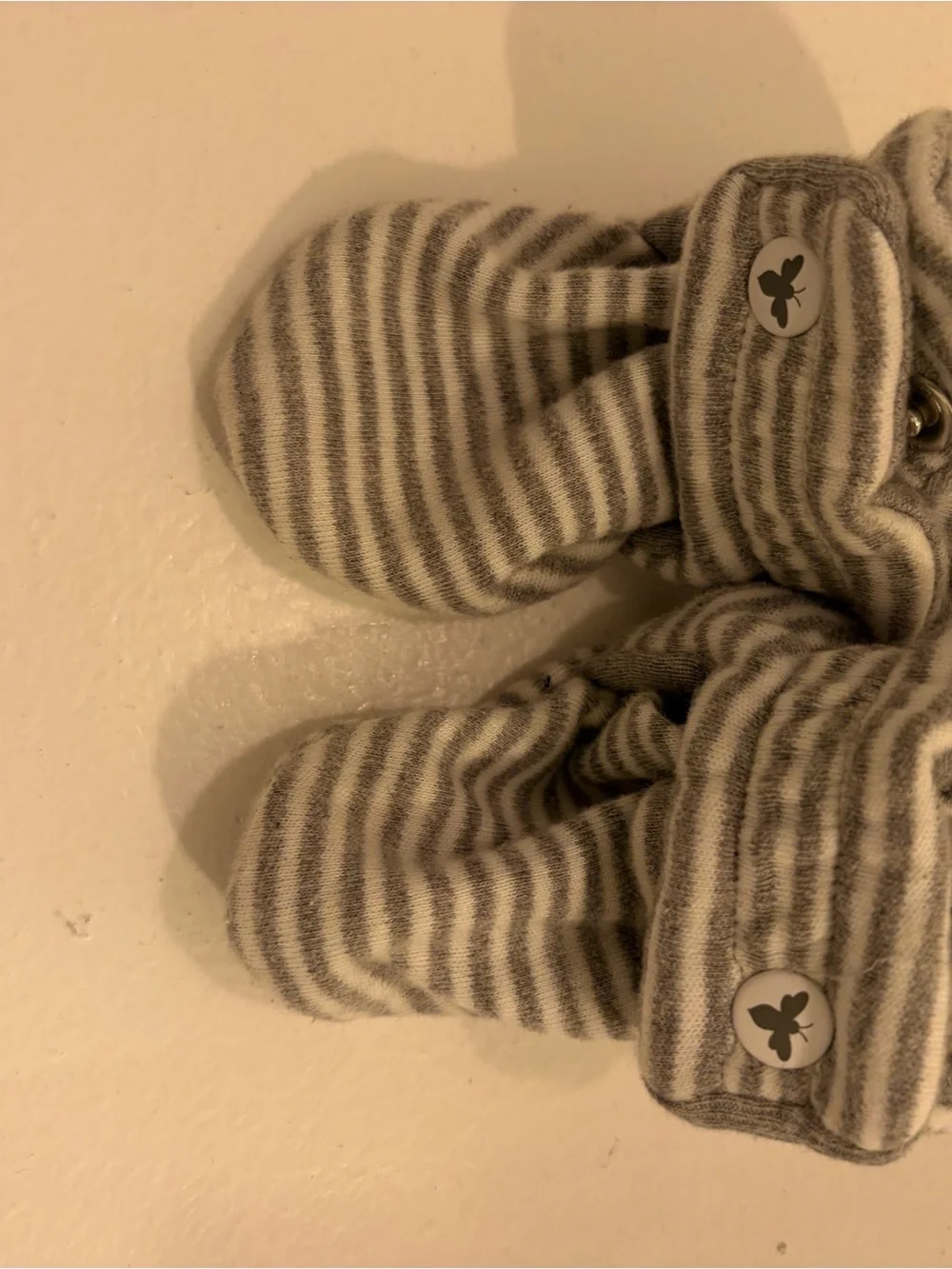 Gray Striped Baby Booties with Butterfly Button - Kids Shoes